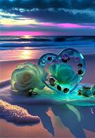 coração em forma vidro objeto sentado em topo do uma arenoso de praia. generativo ai. foto