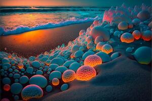 grupo do bolhas sentado em topo do uma arenoso de praia. generativo ai. foto