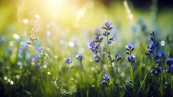 Primavera fundo com azul flores com a Sol brilhando em isto foto