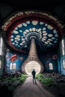 pessoa em pé dentro frente do uma gigante cogumelo. generativo ai. foto