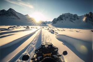 pessoa equitação uma motocicleta baixa uma neve coberto estrada. generativo ai. foto