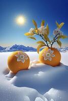 dois laranjas este estão sentado dentro a neve. generativo ai. foto