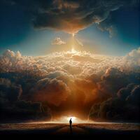 pessoa em pé dentro a meio do uma campo debaixo uma nublado céu. generativo ai. foto