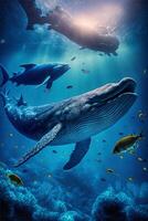grupo do corcunda baleias natação dentro a oceano. generativo ai. foto