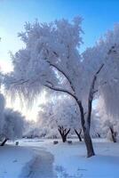 parque preenchidas com grande quantidade do neve coberto árvores generativo ai. foto