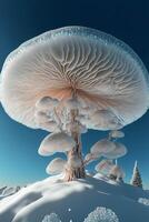 ampla cogumelo sentado em topo do uma neve coberto colina. generativo ai. foto