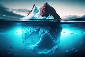 grande iceberg sobre a azul mar superfície fundo. panorama e o negócio metáfora conceito. digital arte ilustração tema. generativo ai foto