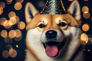 feliz Shiba inu cachorro dentro festa com bokeh luz fundo. animal e animal conceito. generativo ai foto