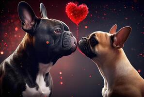 francês bulldogs casal se beijando com vermelho coração ícone emoção fundo. animal e animal conceito. dia dos namorados dia festival conceito. generativo ai foto