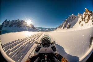 pessoa equitação uma motocicleta baixa uma neve coberto estrada. generativo ai. foto