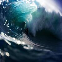 homem equitação uma onda em topo do uma prancha de surfe. generativo ai. foto