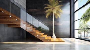 interior do moderno Escadaria projeto, elegante eu forma madeira cantilever escadaria, granito base. ai gerado. foto