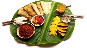 Kerala festival feliz onam fundo com tradicional Comida servido em banana folha. ai gerado. foto