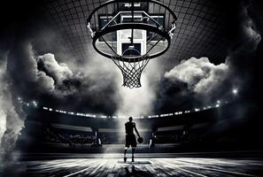 basquetebol jogador estão sobre para enterrado para Ponto em a basquetebol tribunal. esporte e atleta conceito. generativo ai foto