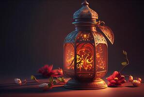Ramadã festival lanterna e adereços em a chão fundo. cultura e religião conceito. digital arte ilustração. generativo ai foto