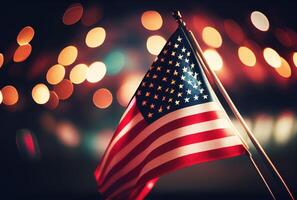 a Unidos estados do América EUA bandeira com colorida brilhante bokeh luz fundo. nação bandeira dentro a Sombrio com iluminação claro. nacional dia conceito. generativo ai foto