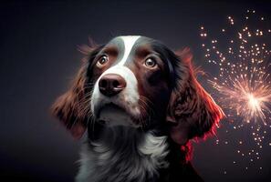 a cachorro é receoso e chocado de a som do fogos de artifício com céu fundo. animal e animal conceito. digital arte ilustração. generativo ai foto