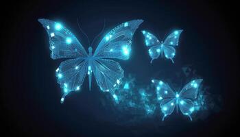 lindo brilhando azul fractal borboletas abstrato em Preto fundo. o negócio transformação inovação e perturbação conceito. generativo ai foto