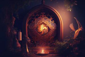 Ramadã festival lanterna e adereços em a chão fundo. cultura e religião conceito. digital arte ilustração. generativo ai foto