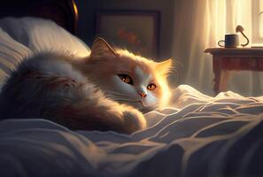 sonolento gato em a confortável cama dentro casa fundo. animal e animal conceito. digital arte ilustração. generativo ai foto