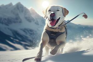 feliz e sorridente labrador retriever cachorro corrida em a Nevado montanha com luz do dia céu fundo. animal e animal conceito. generativo ai foto