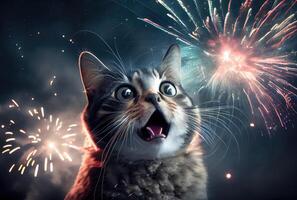 a gato é receoso e chocado de a som do fogos de artifício com céu fundo. animal e animal conceito. digital arte ilustração. generativo ai foto