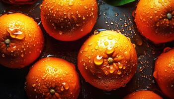 fechar acima do limpar \ limpo laranjas com água solta dentro Sombrio Preto fundo. fresco fruta e vegetal conceito. nutrição e Vitamina tema. generativo ai foto