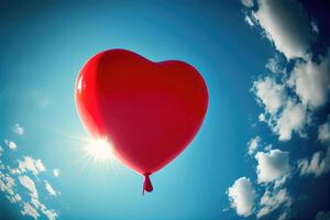 vermelho balão dentro coração forma vôo em a ar com azul céu fundo. dia dos namorados dia conceito. generativo ai foto