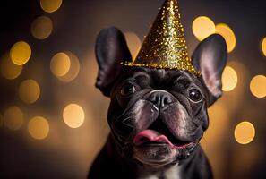 retrato do fofa feliz francês buldogue dentro a celebração festa com bokeh luz e confete dentro a Sombrio fundo. generativo ai foto