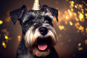 feliz schnauzer cachorro dentro festa com bokeh luz fundo. animal e animal conceito. generativo ai foto