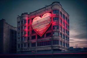 a vermelho coração néon iluminação símbolo é dentro frente do uma construção em a a Principal estrada dentro a cidade fundo. placa e símbolo conceito. digital arte ilustração. generativo ai foto