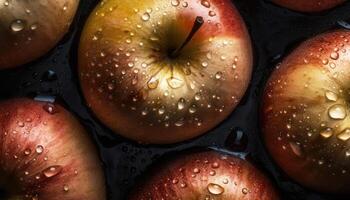 fechar acima do limpar \ limpo vermelho maçãs com água solta dentro Sombrio Preto fundo. fresco fruta e vegetal conceito. nutrição e Vitamina tema. generativo ai foto