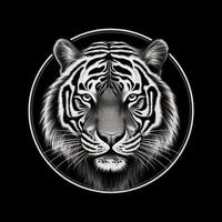 tigre cabeça face logotipo ou ícone dentro branco em Preto fundo. internacional tigre dia. ai gerado. foto