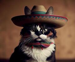 gato dentro uma mexicano chapéu em uma uniforme fundo. ai gerado. foto