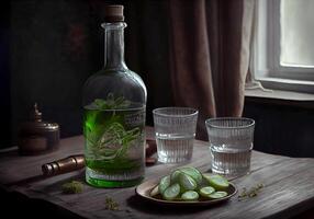 vodka dentro uma vidro garrafa em a mesa. ai gerado. foto