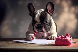 francês buldogue escrevendo uma amor carta para a proprietário em uma escrivaninha. animal e animal conceito. generativo ai foto