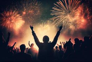silhueta multidão pessoas levantando mãos dentro celebração evento Novo ano ou show com fogos de artifício às noite fundo. generativo ai foto