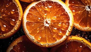 fechar acima do limpar \ limpo cortar laranjas com água solta dentro Sombrio Preto fundo. fresco fruta e vegetal conceito. nutrição e Vitamina tema. generativo ai foto