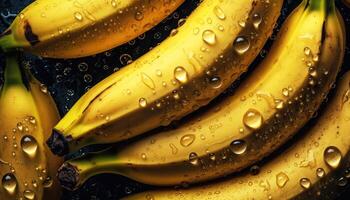 fechar acima do limpar \ limpo amarelo tropical bananas com água solta dentro Sombrio Preto fundo. fresco fruta e vegetal conceito. nutrição e Vitamina tema. generativo ai foto