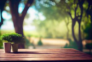 esvaziar mesa com embaçado verde natural parque jardim ou quintal fundo. natureza e ao ar livre conceito. generativo ai foto