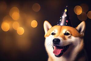 feliz Shiba inu cachorro dentro festa com bokeh luz fundo. animal e animal conceito. generativo ai foto