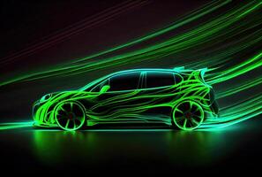 moderno carro com verde luz trilha Como Rapidez e energia poder em Preto Sombrio fundo. transporte e inovação conceito. generativo ai foto