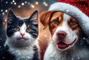 feliz gato e cachorro dentro santa claus traje com bokeh luz e flocos de neve fundo. animal e Natal dia conceito. generativo ai foto