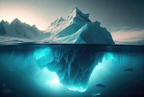 grande iceberg sobre a azul mar superfície fundo. panorama e o negócio metáfora conceito. digital arte ilustração tema. generativo ai foto