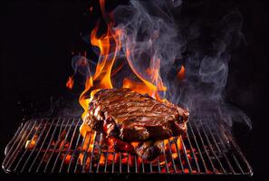 t-bone bife ou porterhouse em grade com ardente fogo chama. Comida e cozinha conceito. generativo ai foto