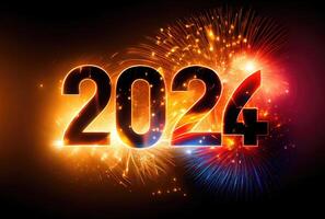2024 Novo ano celebração com colorida fogos de artifício em Sombrio fundo. feliz Novo ano a ano do Dragão e cumprimento cartão conceito. generativo ai foto