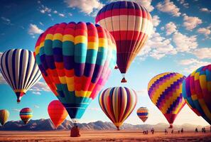 colorida quente ar balões festival flutuando com Claro azul céu fundo. hobbies e lazer conceito. digital arte ilustração. generativo ai foto