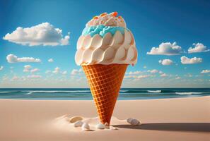 gelo creme cone com doce coberturas em de praia mar e azul céu dentro verão fundo. verão Comida e Diversão conceito. digital arte ilustração tema. generativo ai foto