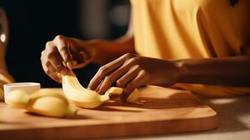 mulher mãos corte banana em uma corte borda ilustração ai generativo foto