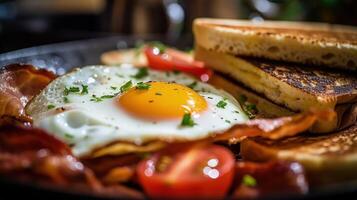 café da manhã com bacon, ovos, panquecas, e torrada ilustração ai generativo foto